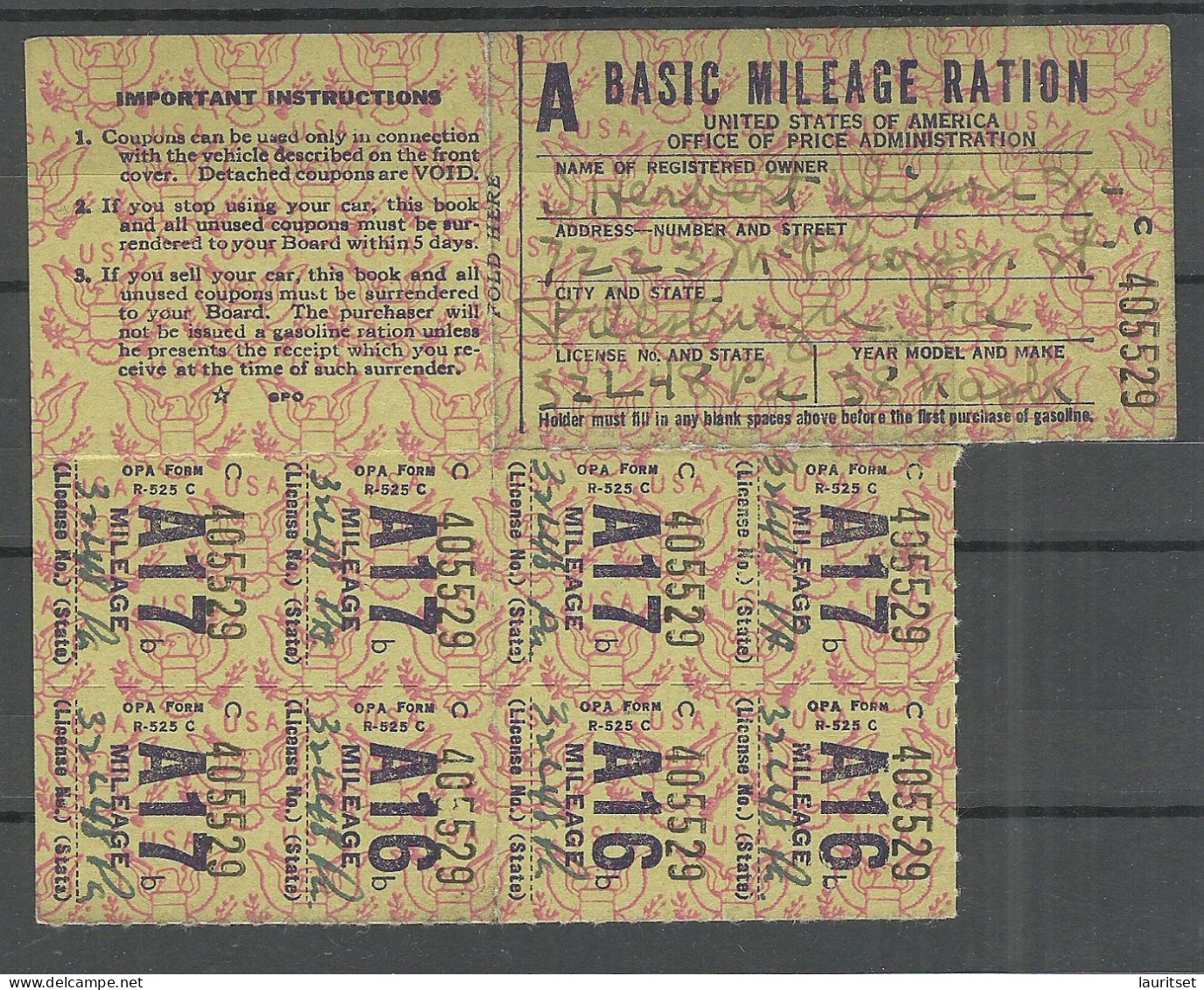 USA 1930ies Gasoline Ration Stamps Mileage Ration - Unclassified