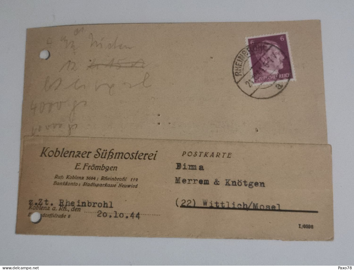 Entier Postaux, Koblenzer Sussmosterei, Rheinbrohl 1944 - Covers & Documents