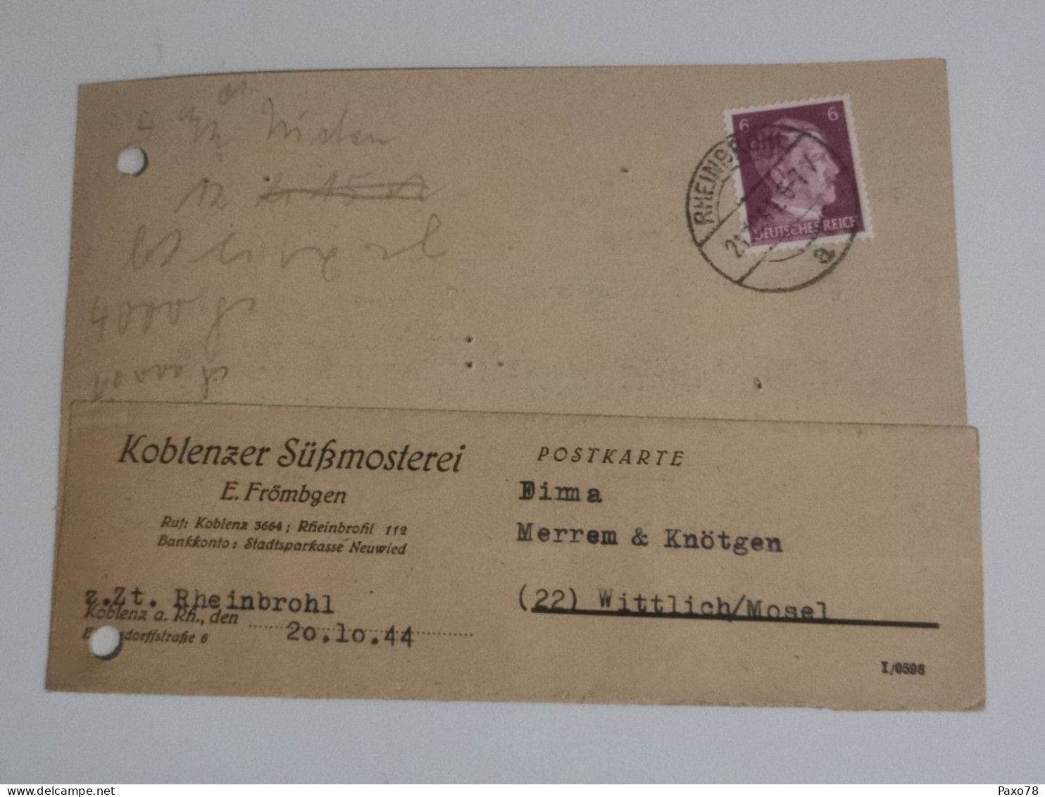 Entier Postaux, Koblenzer Sussmosterei, Rheinbrohl 1944 - Cartas & Documentos