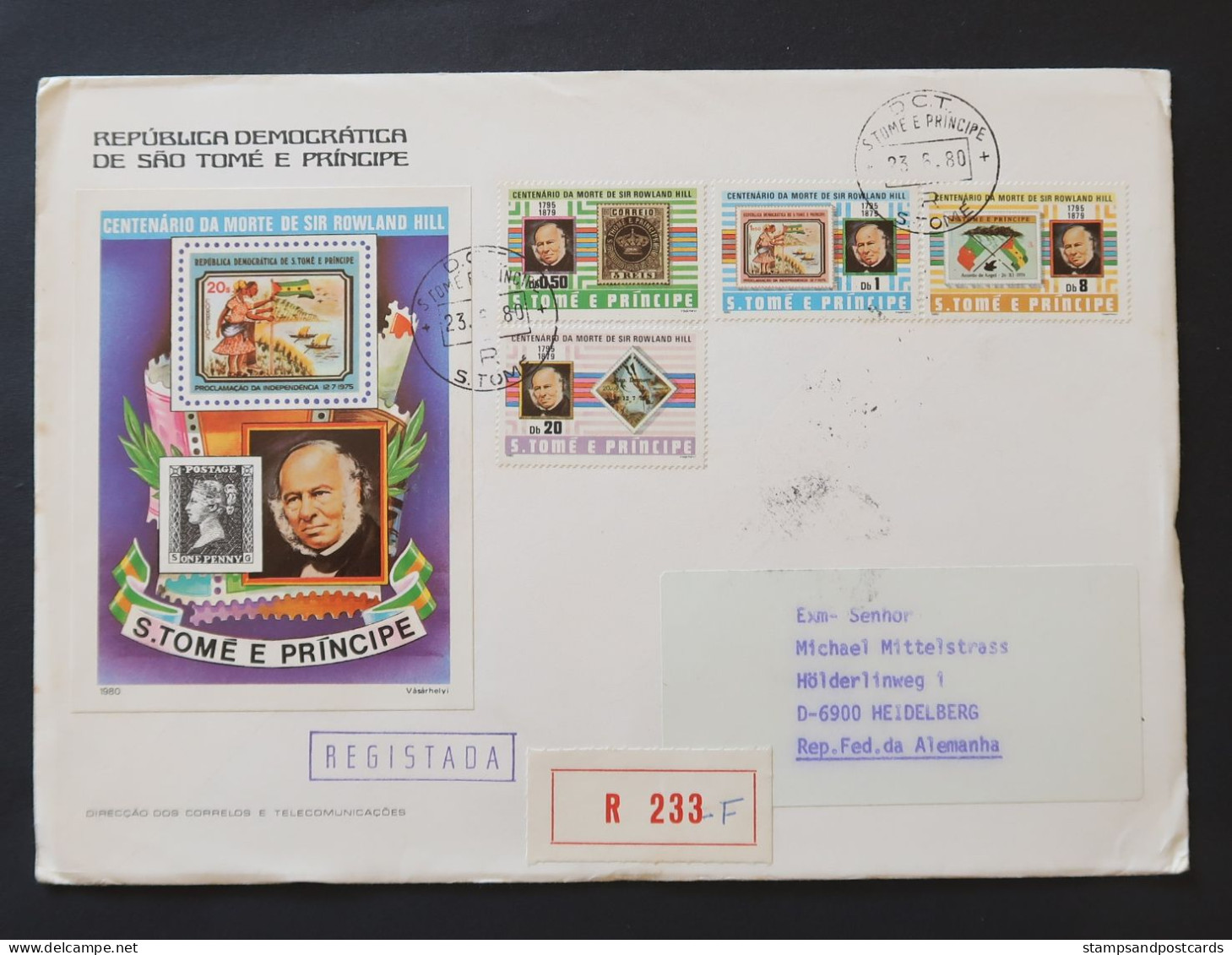 Sao Tome Et Principe Lettre Recommandé 1980 Centenaire Rowland Hill Timbre Sur Timbre Stamp On Stamp St Thomas & Prince - Rowland Hill