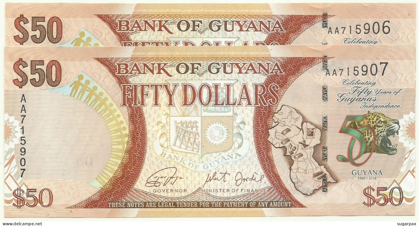 Guyana - 2 X 50 Dollars - 2016 - Pick: 41 - Unc. - Commemorative 50th Anniversary Of Independence - Serie AA - Guyana