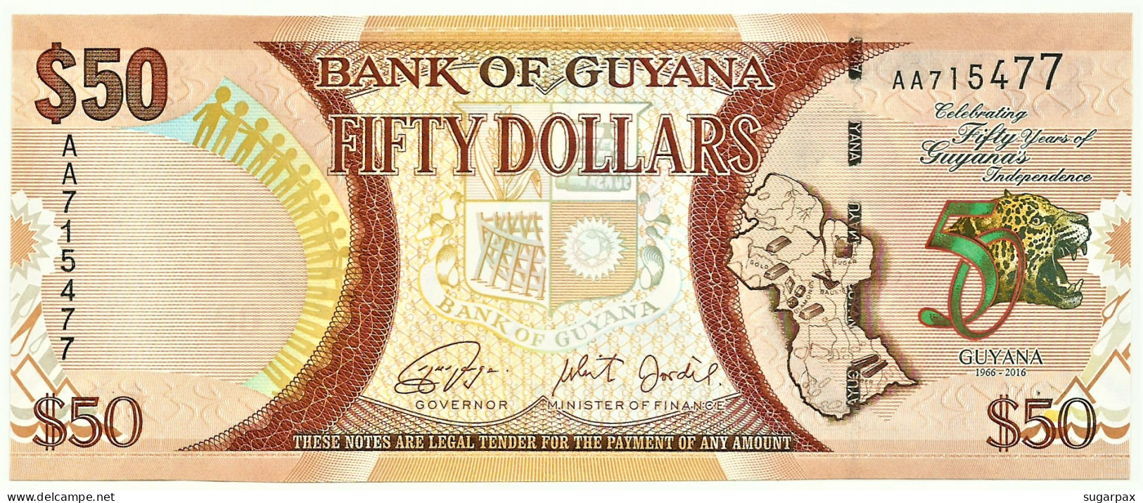 Guyana - 50 Dollars - 2016 - Pick: 41 - Unc. - Commemorative 50th Anniversary Of Independence - Serie AA - Guyana