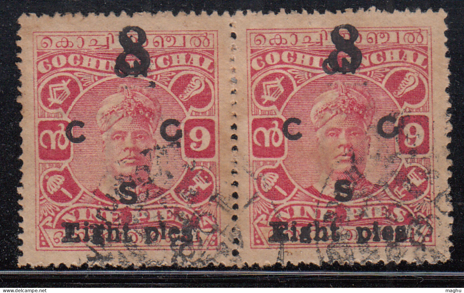 Pair 'EIGHT PIES' Variety,  Cochin, British India State, Official Used 1923, Surcharged 8p On 9 - Cochin