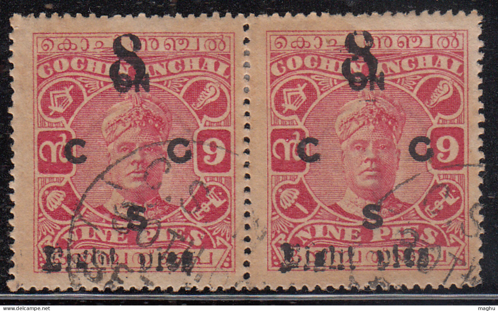 Pair 'EIGHT PIES' Variety,  Cochin, British India State, Official Used 1923, Surcharged 8p On 9 - Cochin