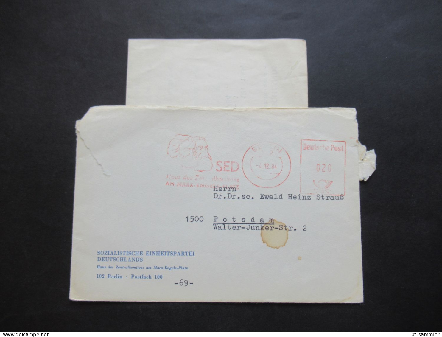 DDR 1984 Brief Mit Inhalt Freistempel AFS Berlin 102 SED Haus Des Zentralkomitees Am Marx Engels Platz - Brieven En Documenten