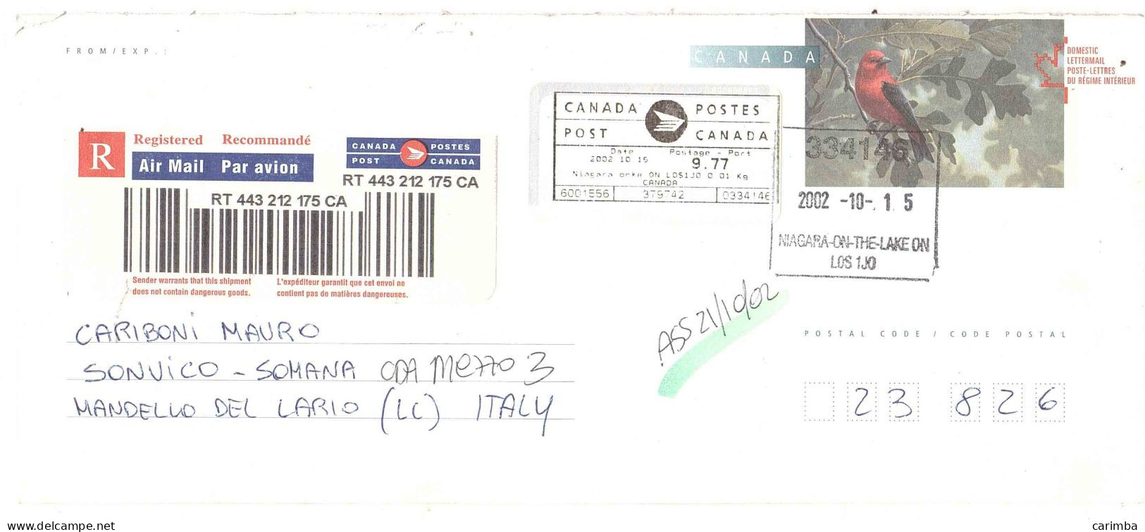 LETTERA RACCOMANDATA PER ITALIA - Storia Postale