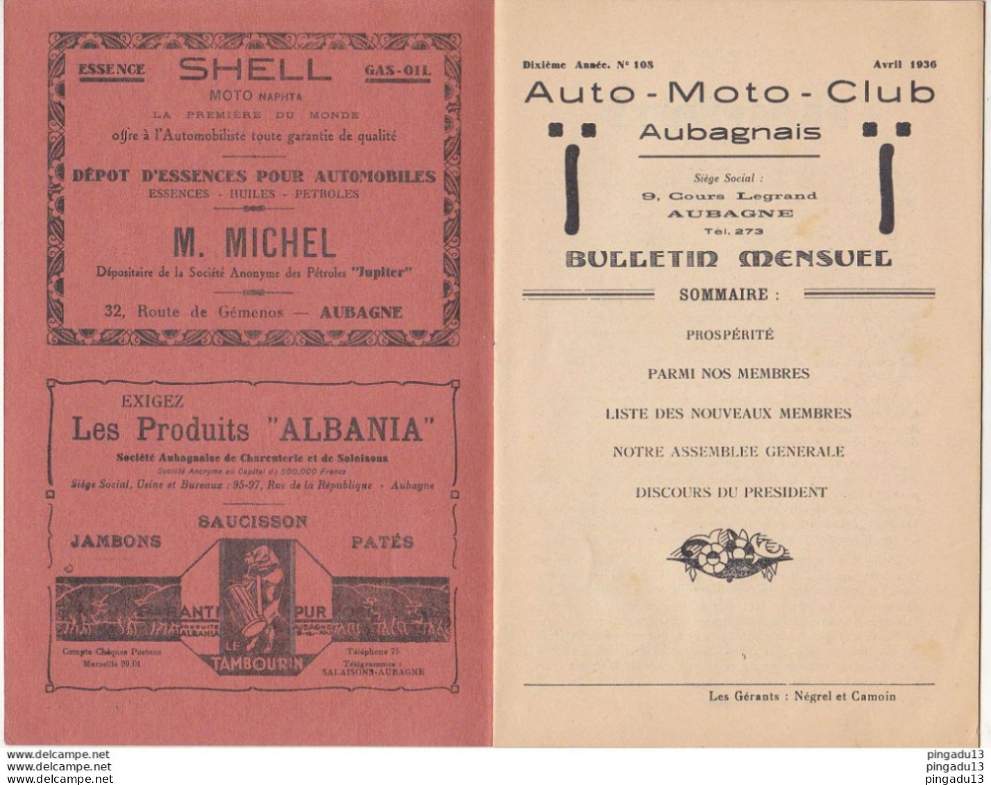 Au Plus Rapide Bulletin Avril 1936 Aubagne Auto Moto Publicité Commerces Aubagnais Garage Panhard Rosengart - Moto