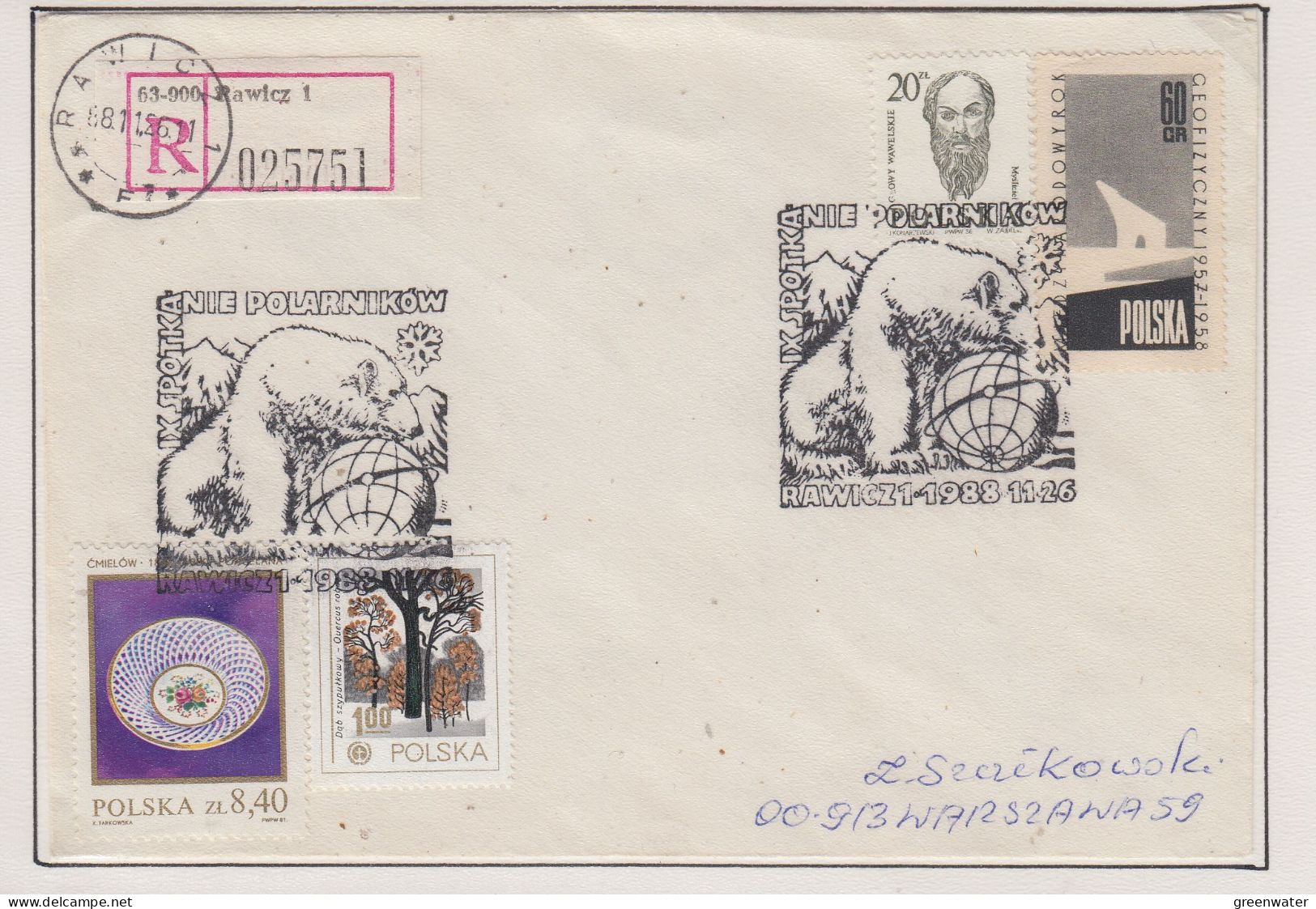 Poland  Registered Cover  Icebear / Polarnikov   Ca Rawicz1 11-26-1988 (TI154A) - Arctic Wildlife