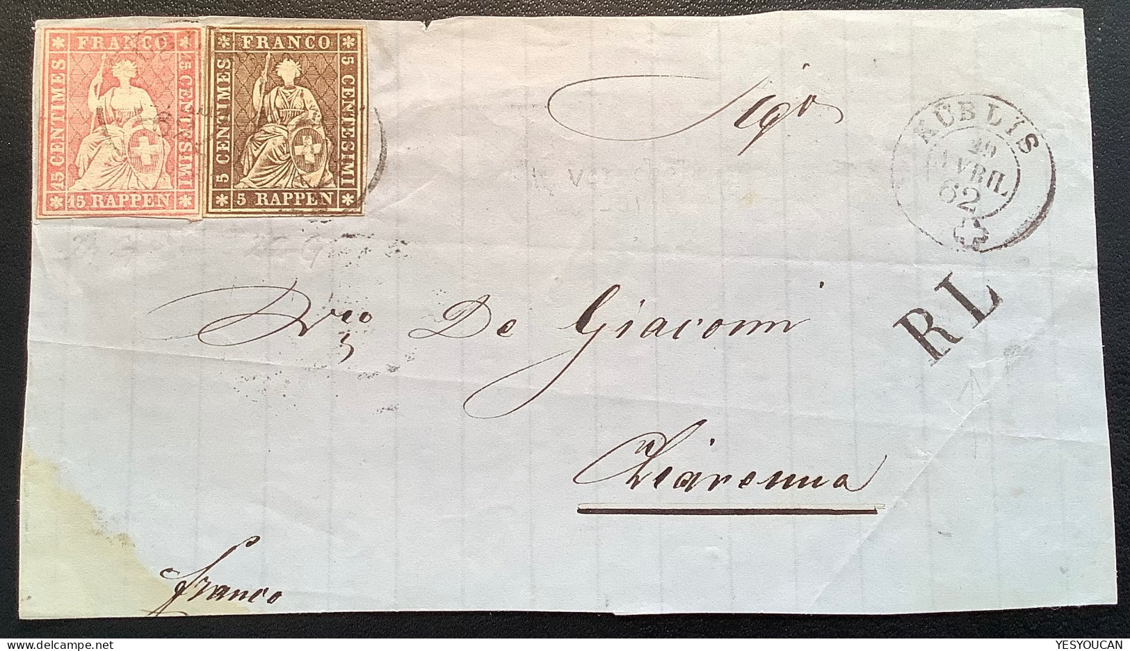 RL RAYON LIMITROPHE/GRENZRAYON 1862 KÜBLIS(Prättigau/Davos GR)>CHIAVENNA(Sondrio Lombardia Italia)Brief Schweiz Strubel - Covers & Documents