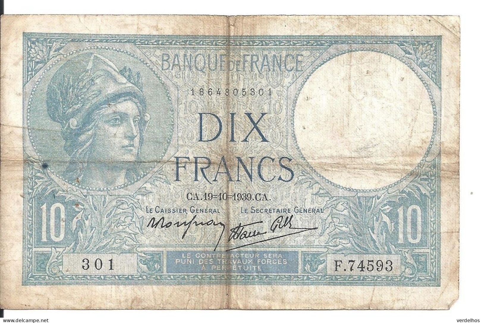 FRANCE 10 FRANCS 1939 VF P 84 - 10 F 1916-1942 ''Minerve''