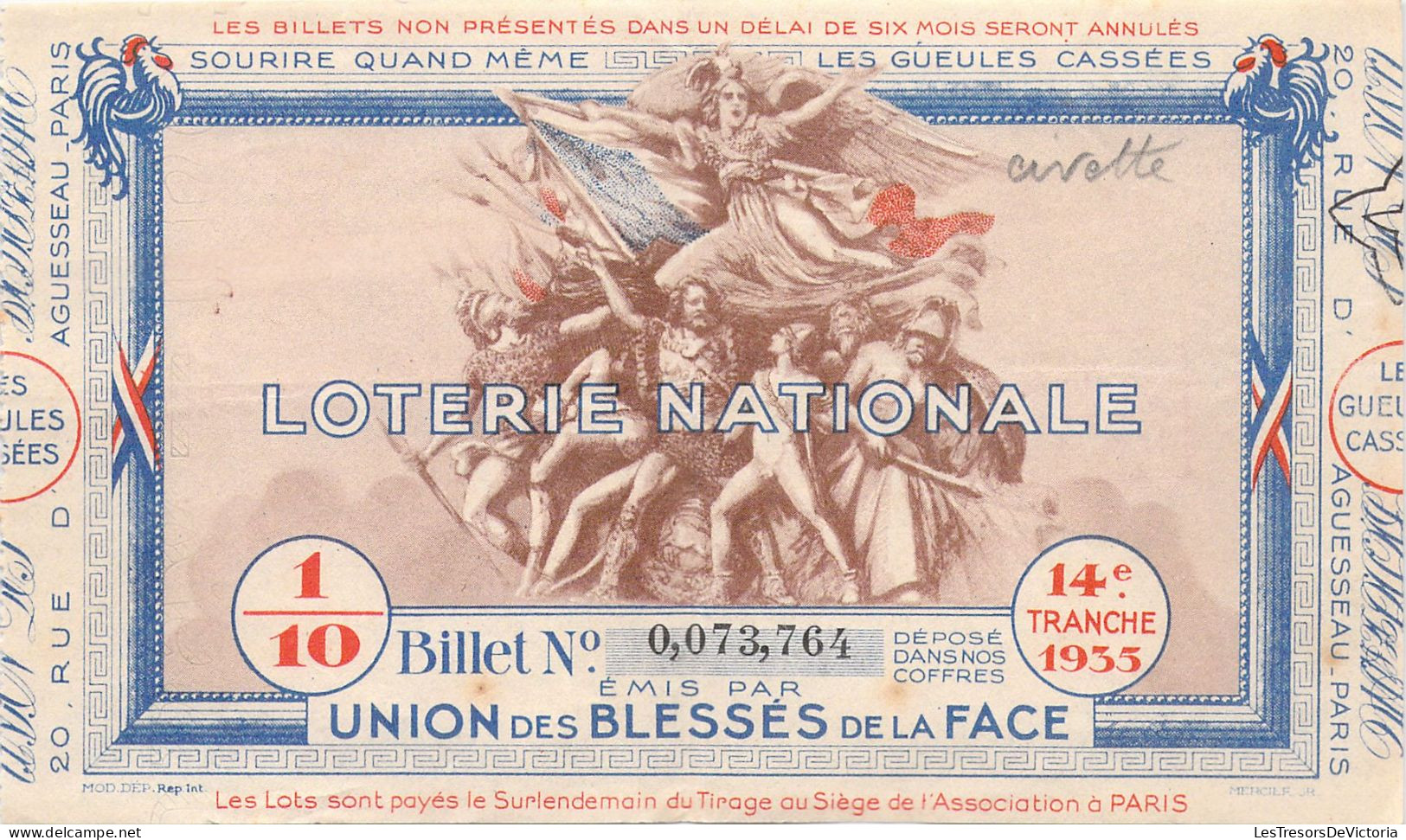 Billet De Loterie - Loterie Nationale De L'Union Des Blessés De La Face - 0073764 - Dos Vierge - Carte Postale Ancienne - Lottery Tickets