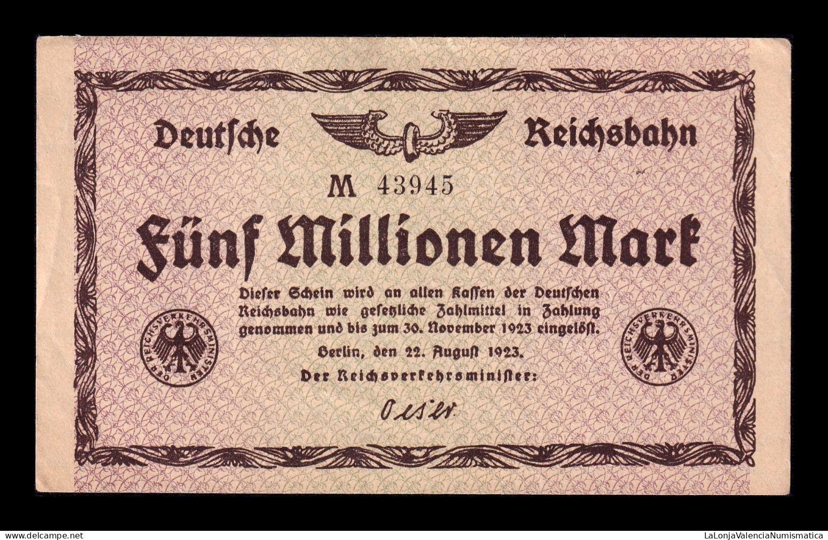 Alemania Germany 5000000 Mark 1923 Pick S1013a(1) Sc- AUnc - 5 Miljoen Mark