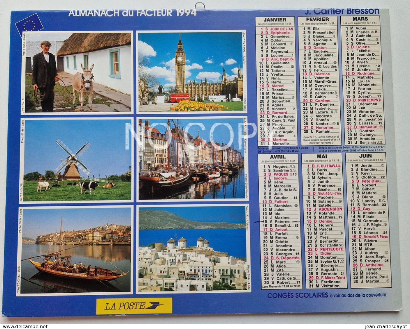 Calendrier Almanach La Poste 1994 (Paris - Images Du Monde) - Formato Grande : 1991-00