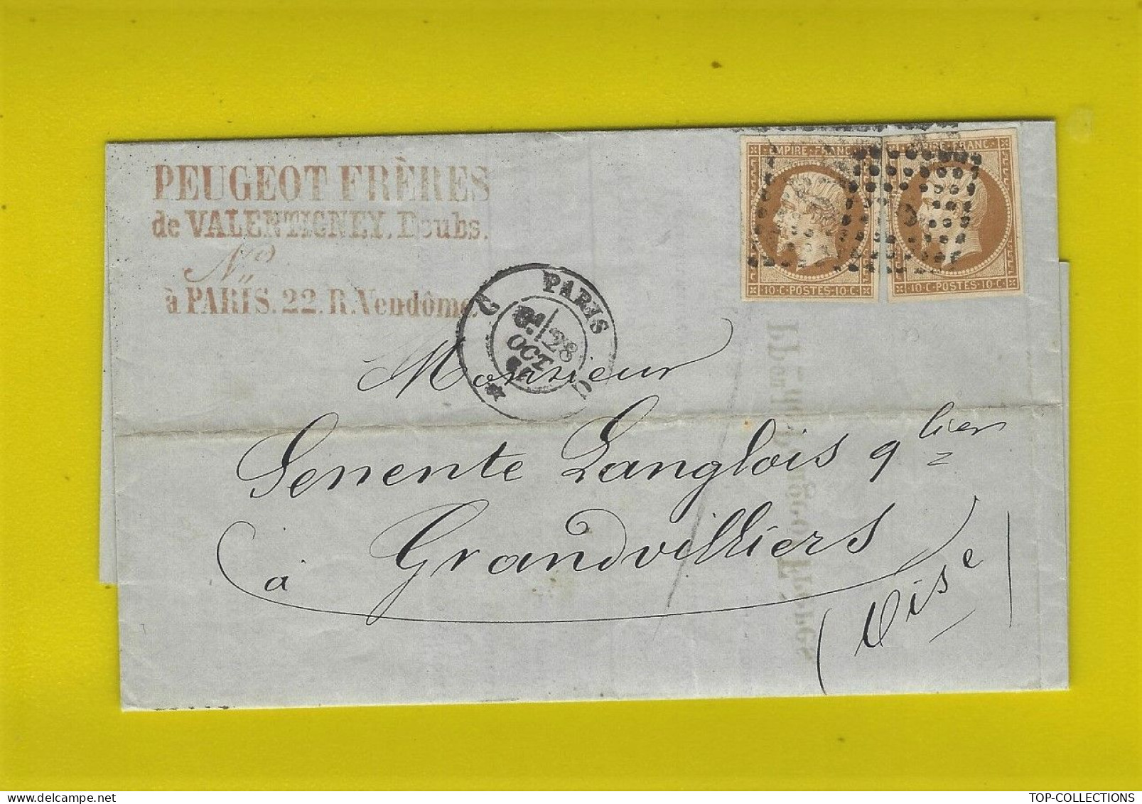 1861 ENTETE CACHET « PEUGEOT FRERES » INDUSTRIE Valentigny Doubs Et Paris  2 Timbres Empire Oblit. Paris Pour Grandvilli - 1800 – 1899
