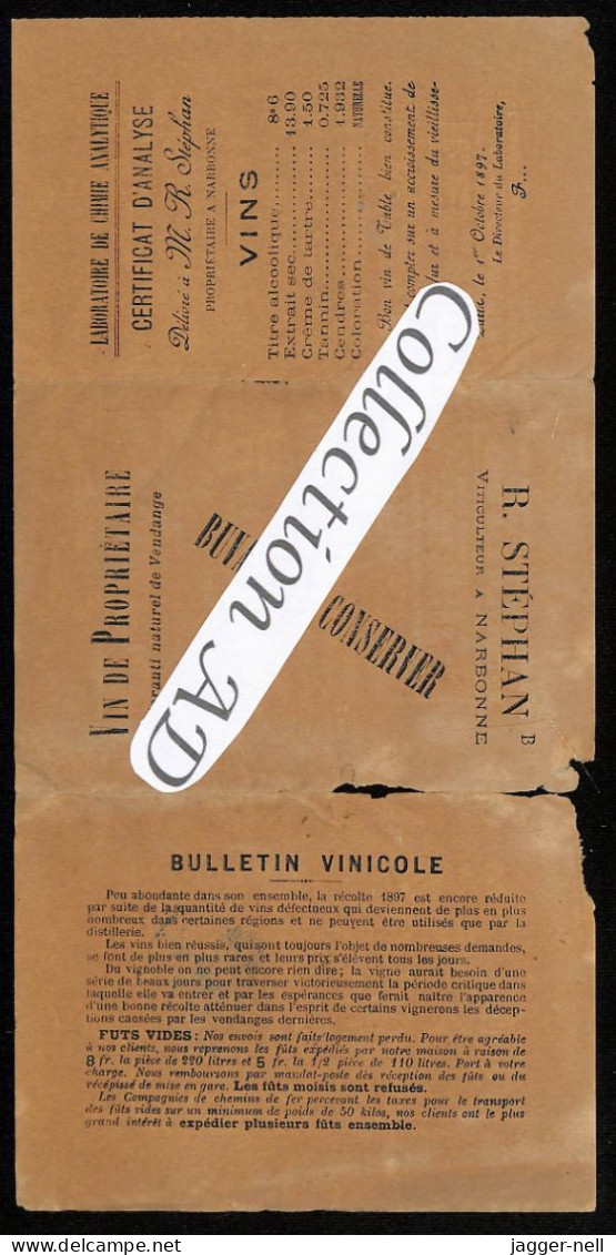 SUPERBE Buvard Publicitaire VINS Maison R. STEPHAN - Propriétaire-viticulteur à NARBONNE 1897 -voir état - JD - V