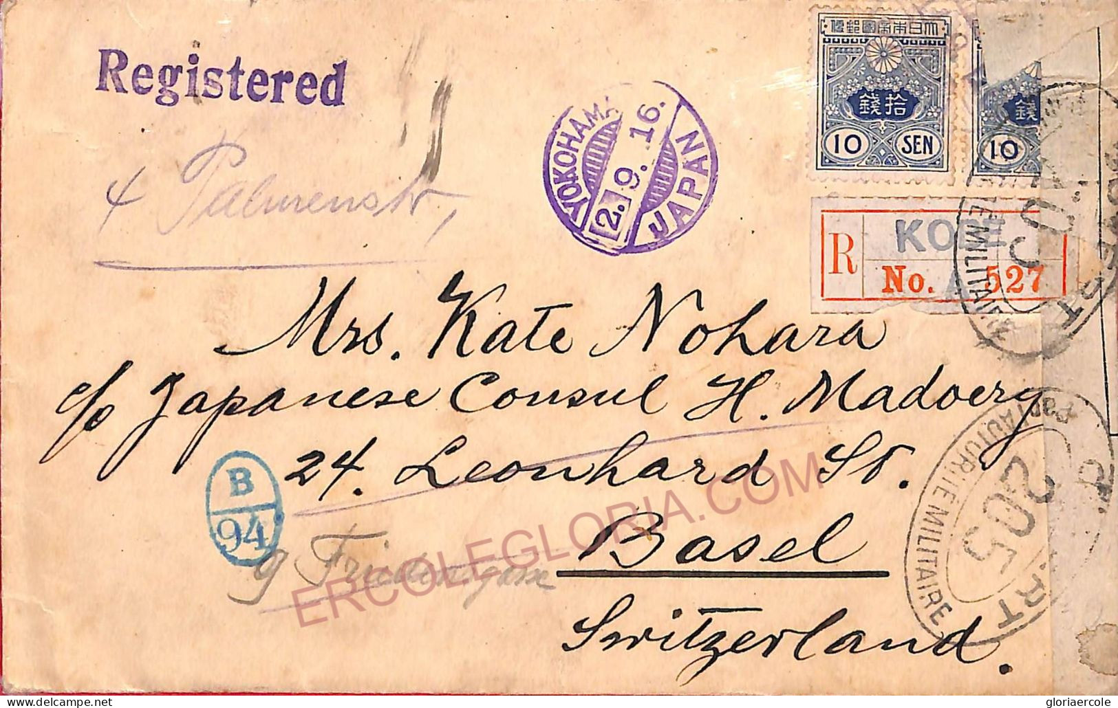 Aa6941 - JAPAN - Postal History - Censored REGISTERED COVER To SWITZERLAND 1916 - Brieven En Documenten