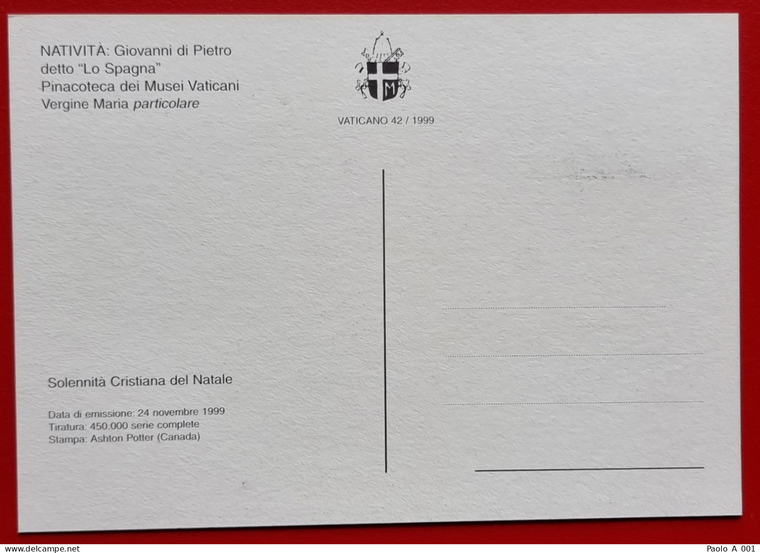 VATICANO VATIKAN VATICAN 1999 NATALE CHRISTMAS WEIHNACHTEN NAVIDAD PINACOTECA MUSEI VATICANI MAXIMUM CARD - Cartas & Documentos