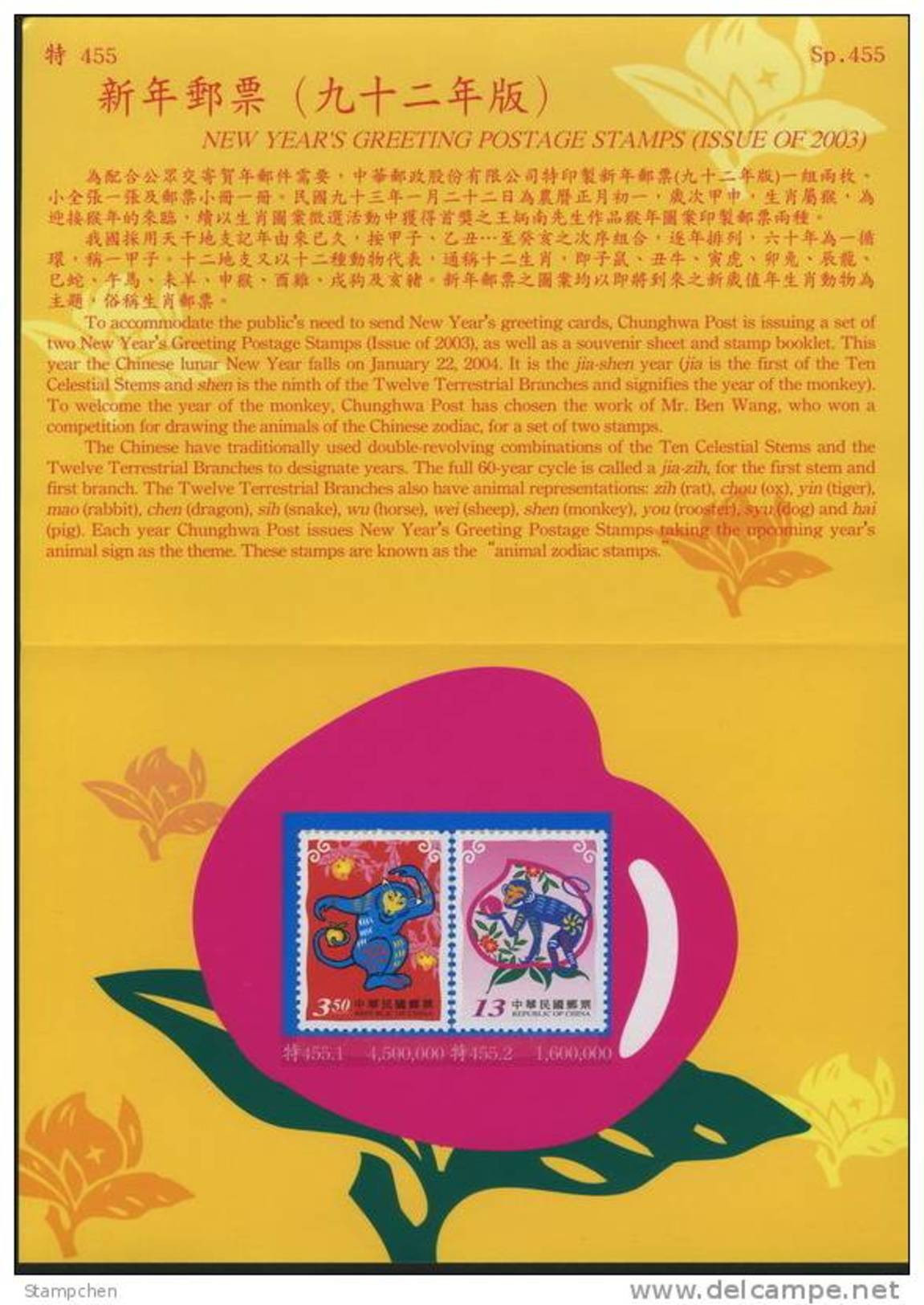 Folder Taiwan 2003 Chinese New Year Zodiac Stamps- Monkey Peach Fruit 2004 - Neufs