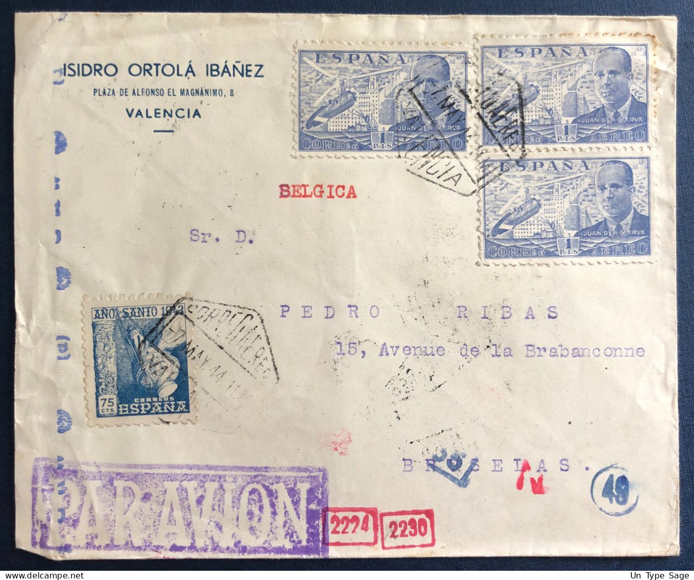 Espagne, Divers Sur Enveloppe De Valencia 8.5.1941 Pour La Belgique + Censure Valencia - (B3271) - Storia Postale