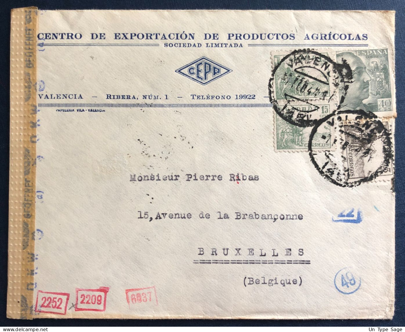 Espagne, Divers Sur Enveloppe De Valencia 8.2.1944 Pour La Belgique + Censure Valencia - (B3294) - Covers & Documents