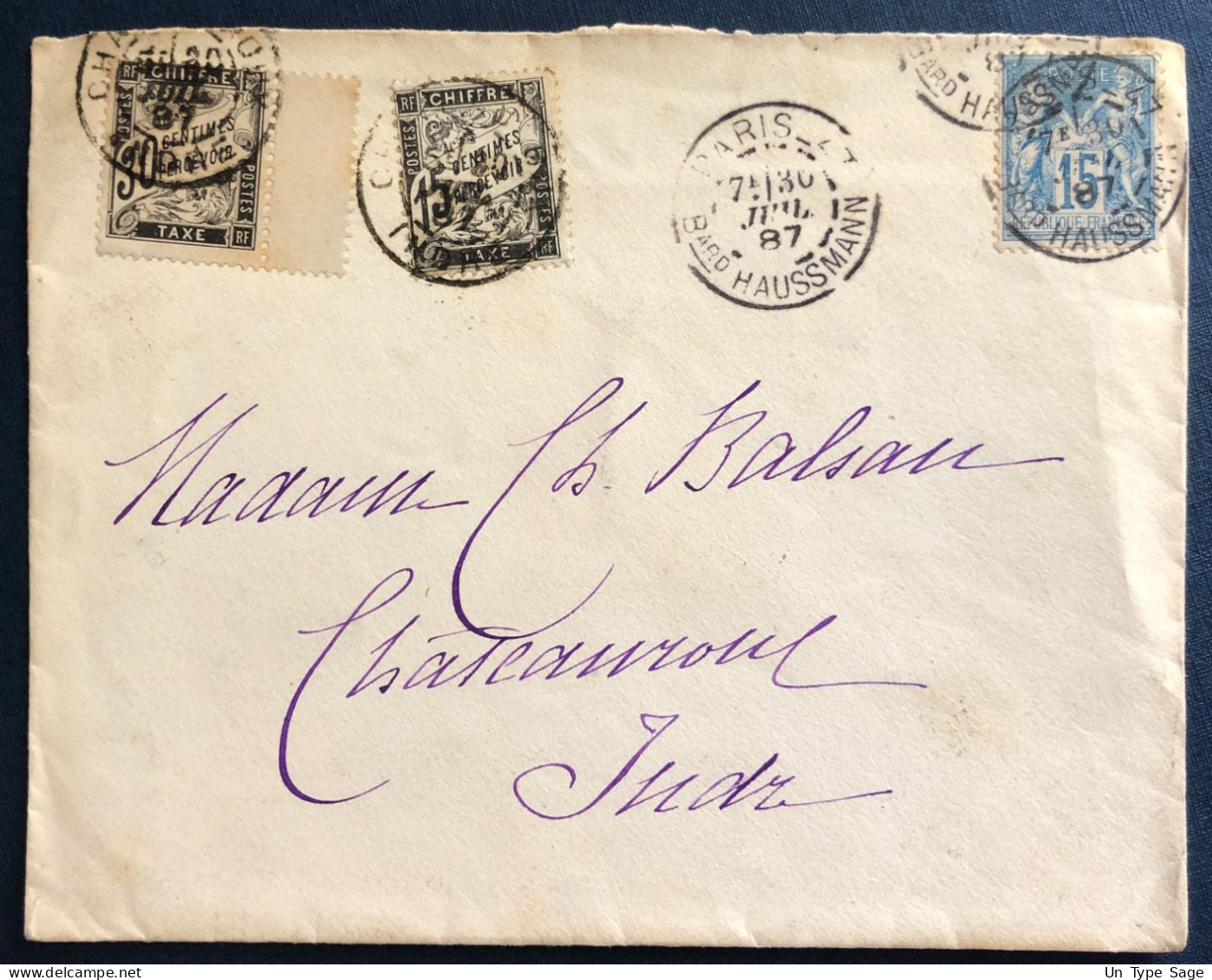 France, Taxe N°16 Et 18 Sur Enveloppe De Paris 30.7.1887 - (B3326) - 1859-1959 Briefe & Dokumente