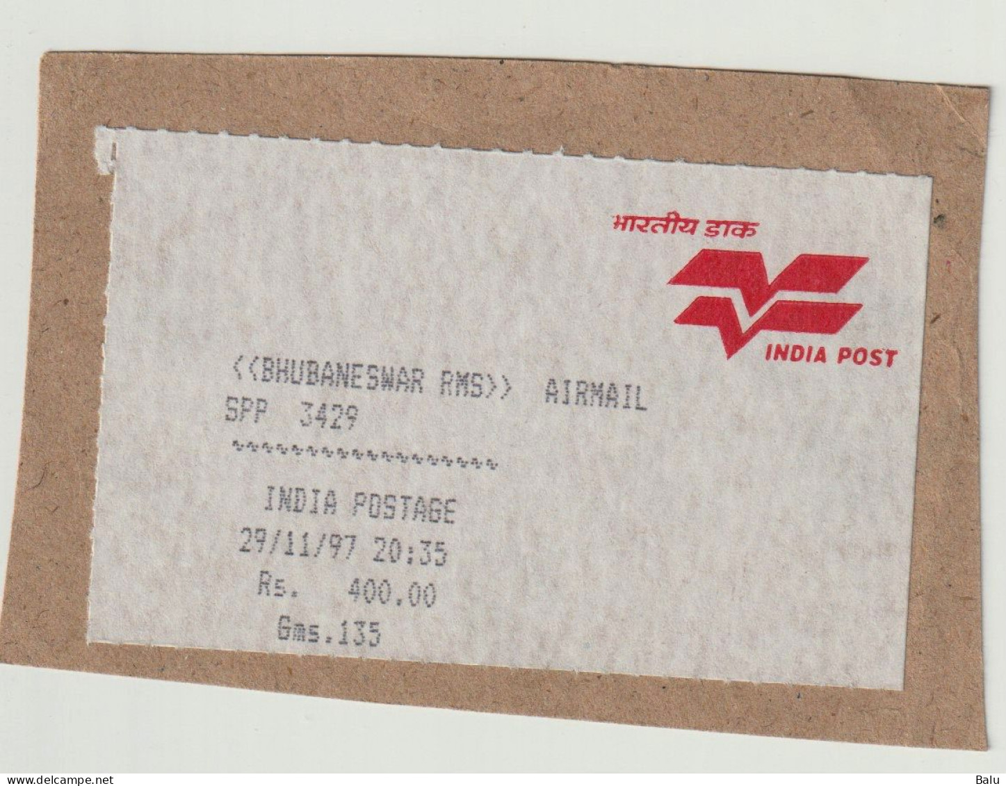 Indien 1997 India Postage Rs. 400.00 SPP 3429 Bhubaneshwar RMS, AIRMAIL, Auf Fragment - Sonstige & Ohne Zuordnung