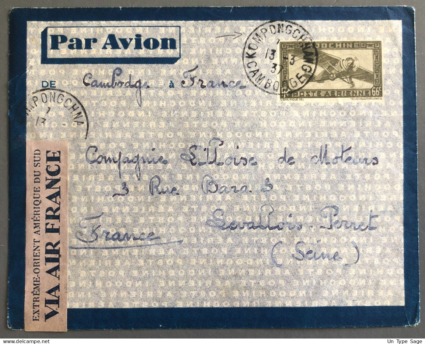 Indochine, Entier Aérien 66c. - TAD KOMPONGCHNANG, Cambodge 13.3.1937 Pour La France - (B1455) - Covers & Documents