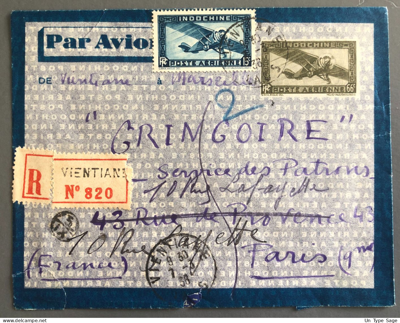 Indochine, Entier Aérien 66c. + Complément - TAD VIENTIANE, Laos 7.3.1936 Pour La France - (B1462) - Lettres & Documents