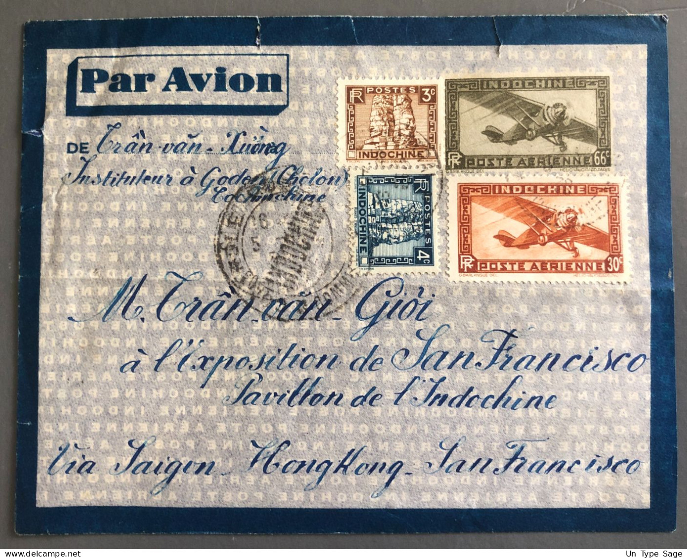 Indochine, Entier Aérien 66c. + Complément - TAD SAIGON CENTRAL, Cochinchine 1939 + Contrôle Postale - (B1471) - Cartas & Documentos