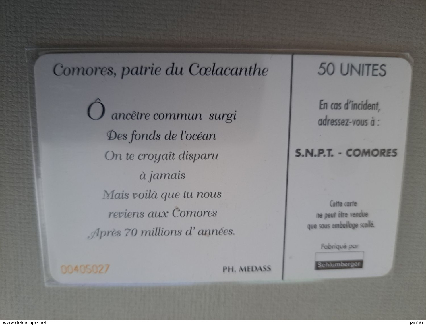 COMOROS CHIPCARD / COELACANTHE/ FISH COMODORES  50 UNITS     ** 13628** - Comores