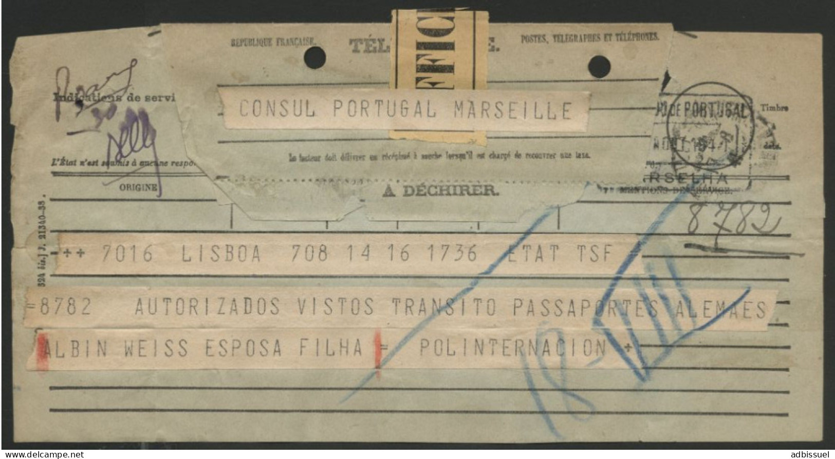 1941 JUDAICA TÉLÉGRAMME ACCORDANT à ALBIN WEISS, Opposant à Hitler, Un Visa Portugais Via MARSEILLE LIRE SUITE - Historische Dokumente