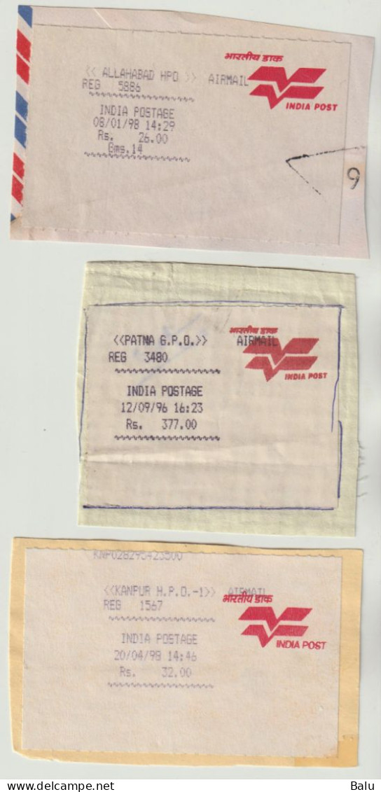 Indien 1996 1998 India Postage AIRMAIL REG, Rs. 26, 32 Und 377, Allahabad, Kanpur, Patna, Auf Fragmenten - Autres & Non Classés