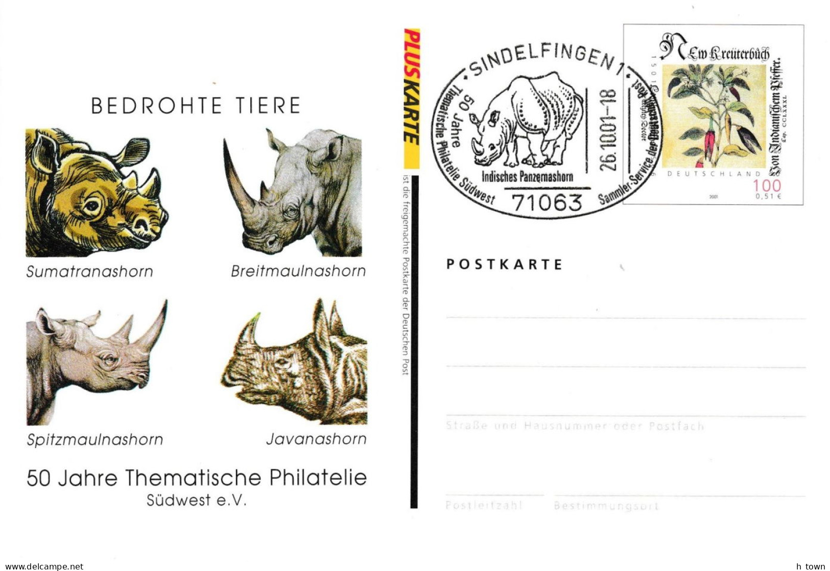 126  Rhinocéros:  Entier (c.p.) D'Allemagne, 2001 - Endangered Animals, Rhinoceros: Stationery Postcard From Germany - Rhinoceros