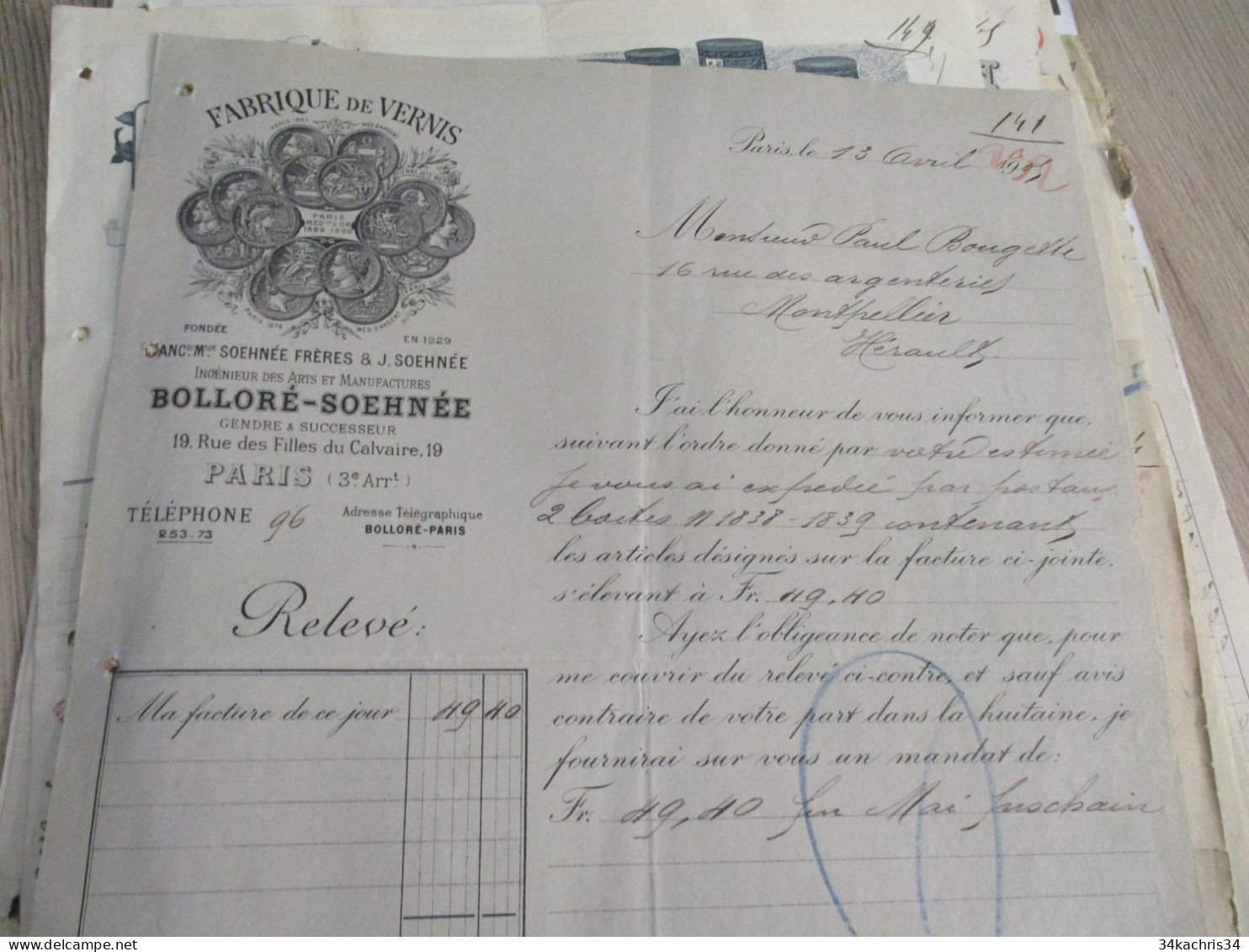 Facture Illustrée 1905 Paris Bolloré Soehnée Fabrique De Vernis - Old Professions