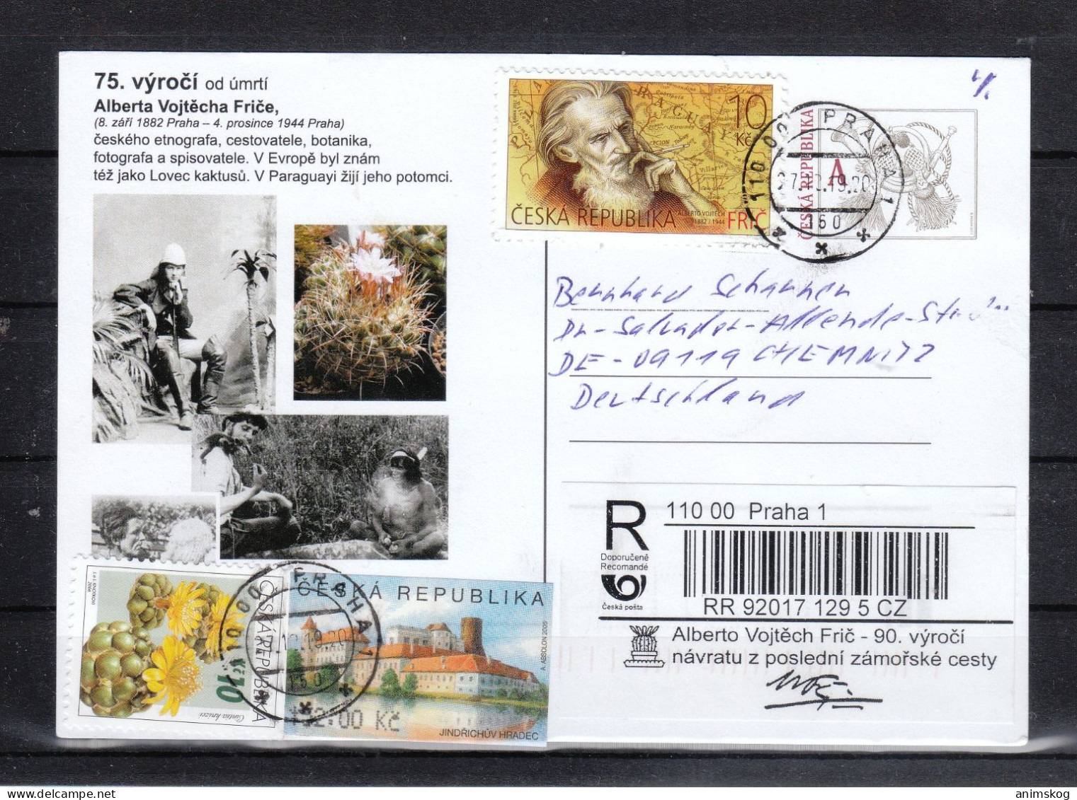 Tschechien, R-Postkarte 75. Todestag A. Frič / Czech Republic, Registered Postcard 75th Anniv. Of The Death Of A. Frič - Lettres & Documents