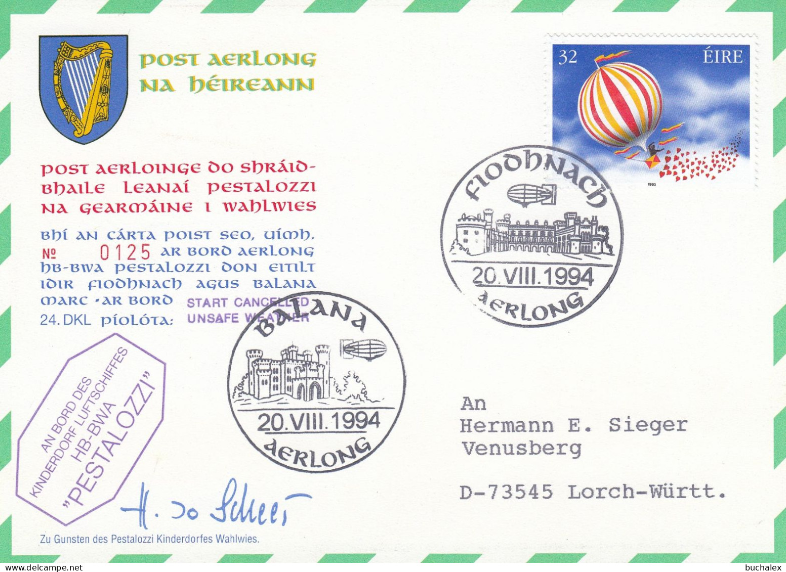 24. Deutsche Kinderdorf-Luftschiffpost Irland Mit Pilotenunterschrift - Airmail