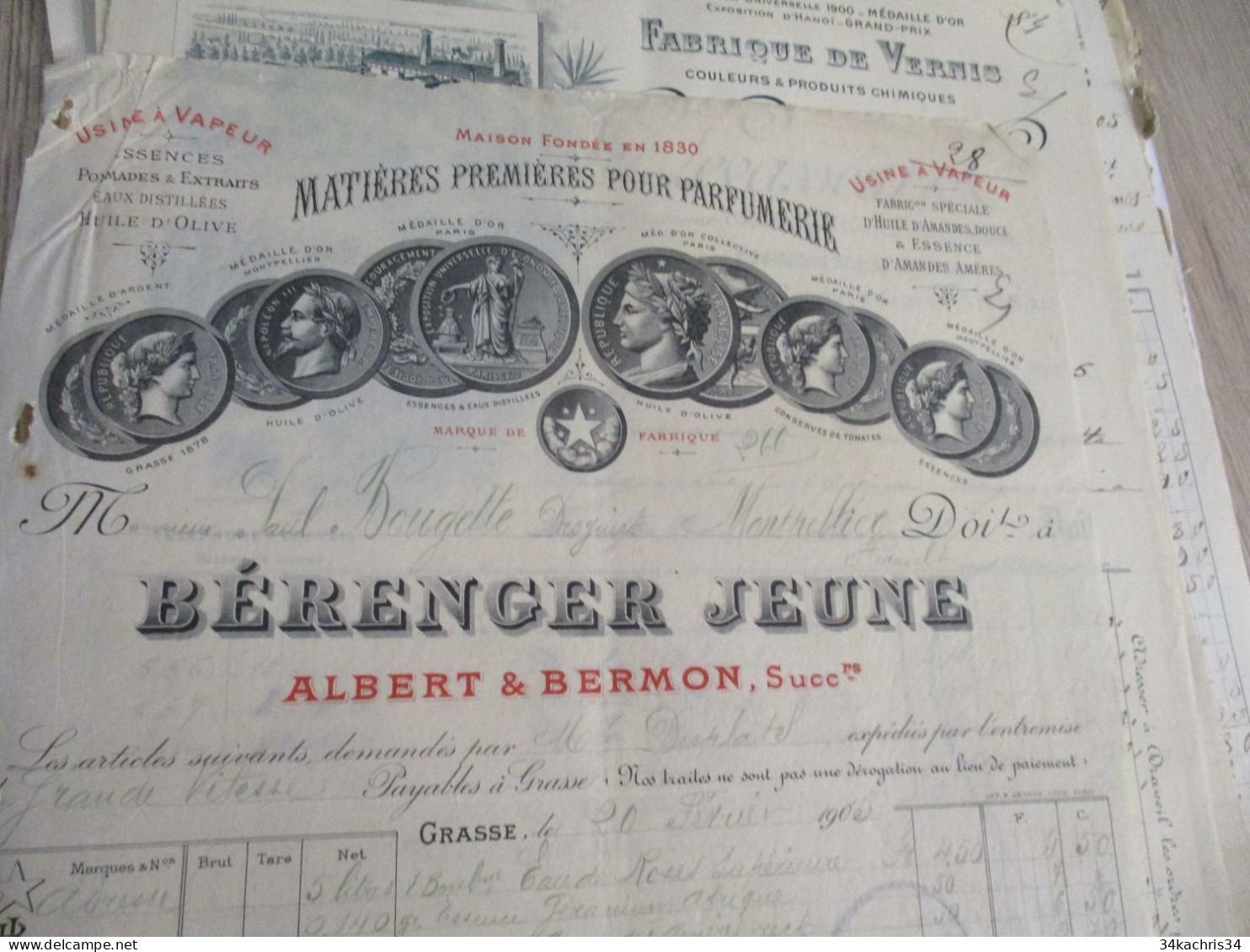 Facture Illustrée 1905 Grasse Bérenger Albert Bermon Matières Premières Pour Parfumerie - Profumeria & Drogheria