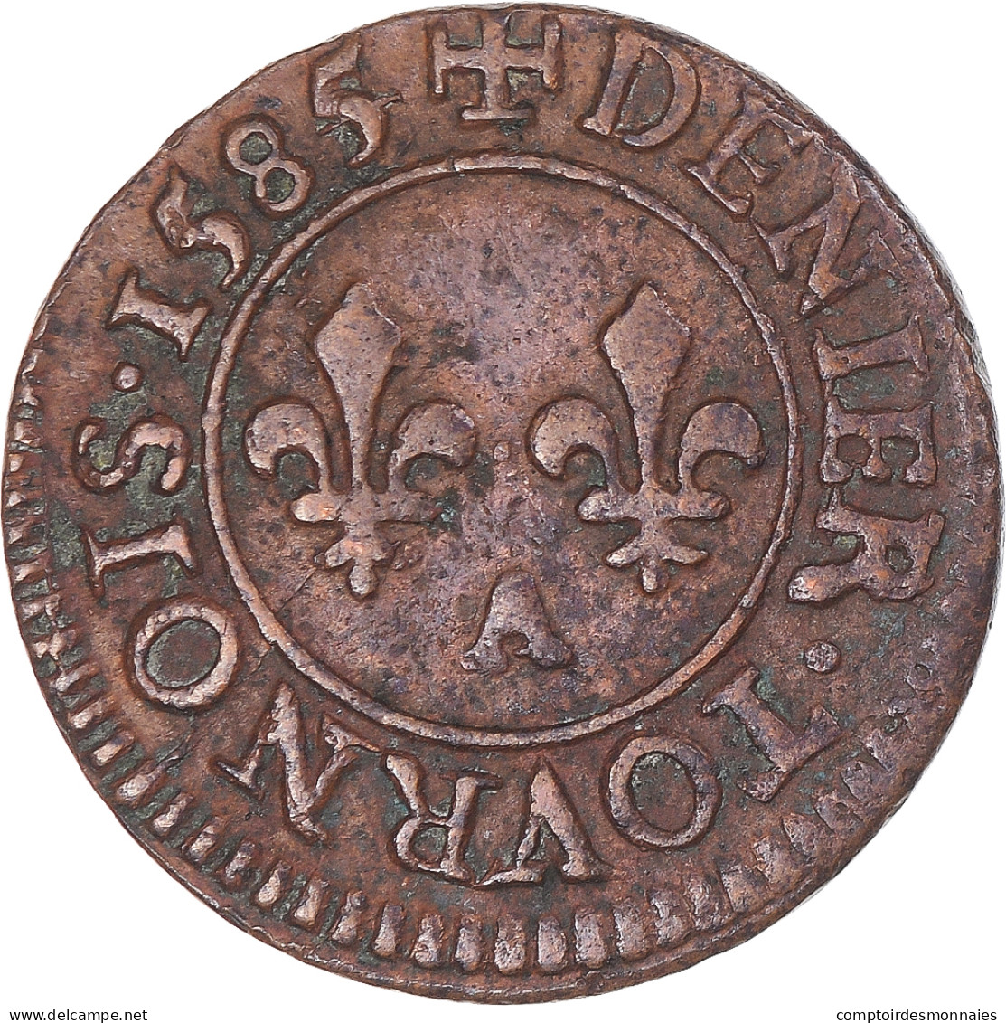 Monnaie, France, Henri III, Denier Tournois, 1585, Paris, TB+, Cuivre - 1574-1589 Henri III