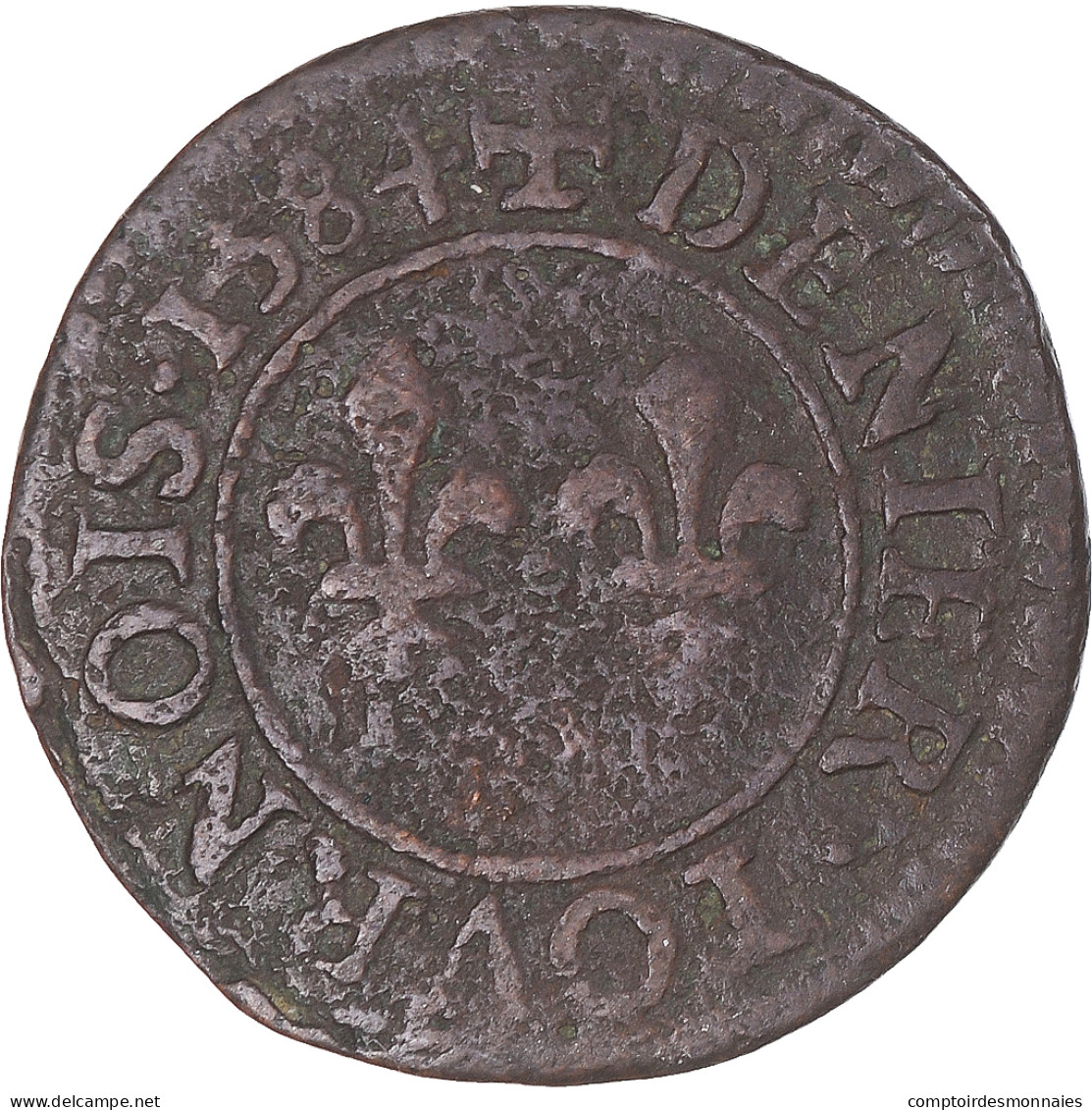 Monnaie, France, Henri III, Denier Tournois, 1584, TB, Cuivre, Gadoury:450 - 1574-1589 Hendrik III