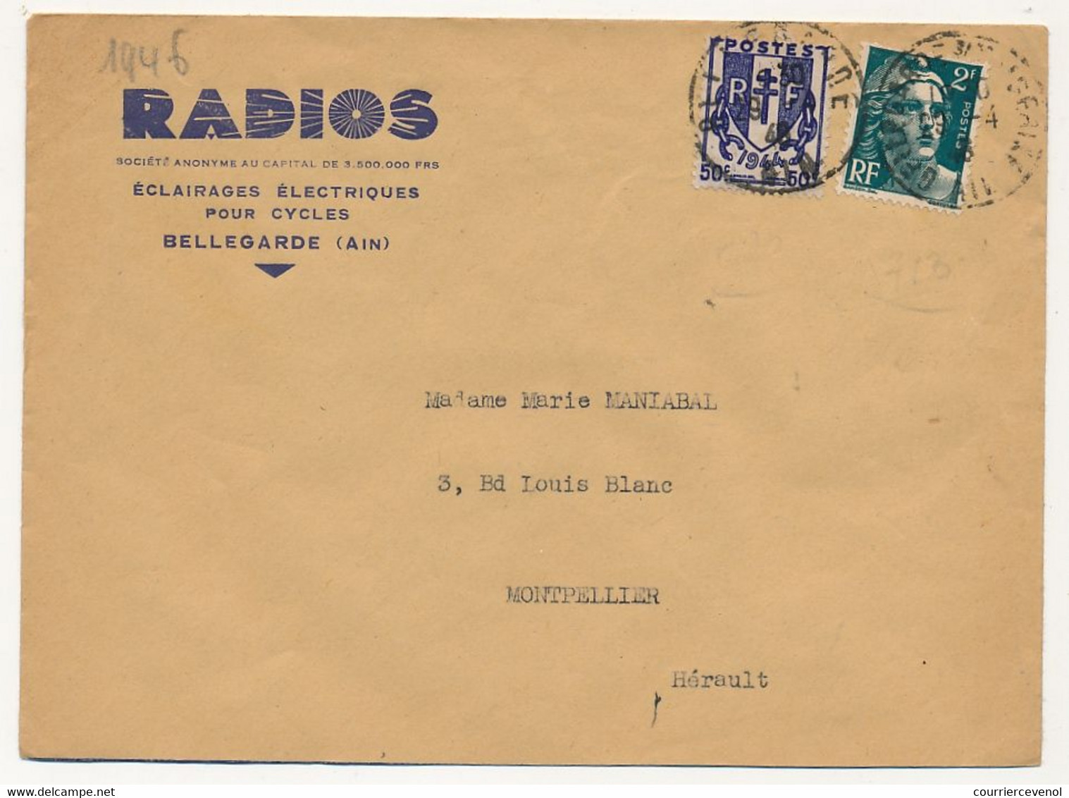 FRANCE - Env. En-tête "Radios - Eclairages électriques Pour Cycles - Bellegarde (Ain) " Affr 2F Gand + 50c Chaines- 1946 - Electricidad & Gas