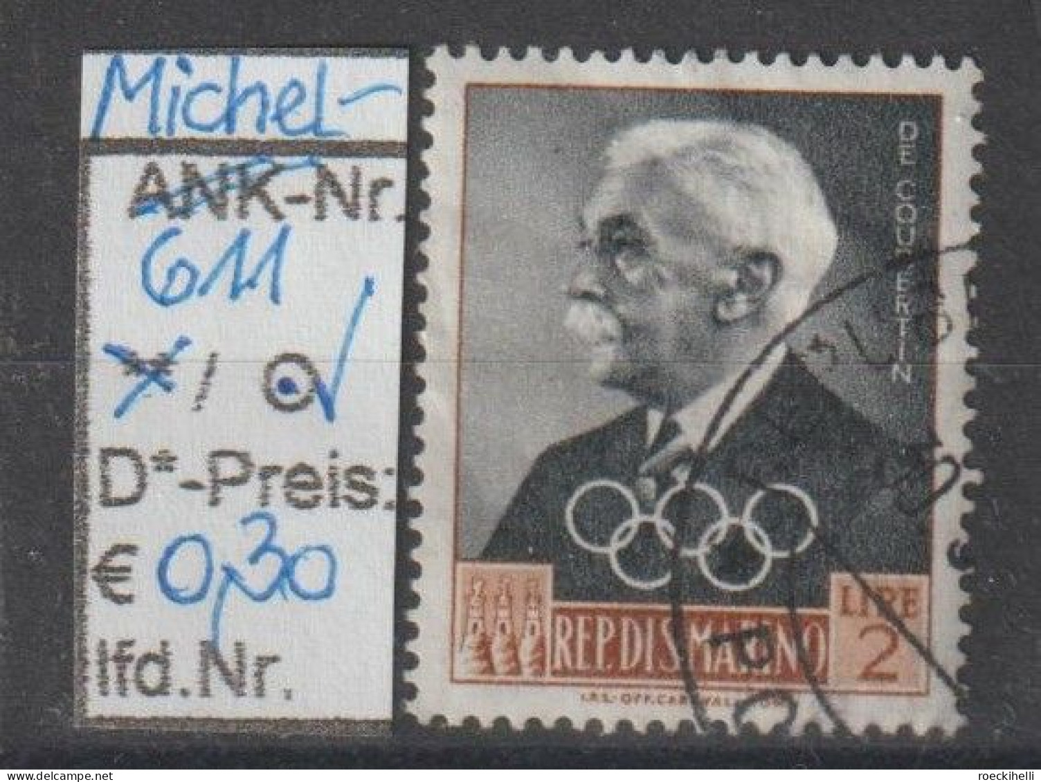 1959 - SAN MARINO - SM "Funktionäre D. IOC-de Coubertin" 2 L Orangebr./schwarz - O Gestempelt  - S.Scan (611o S.marino) - Used Stamps