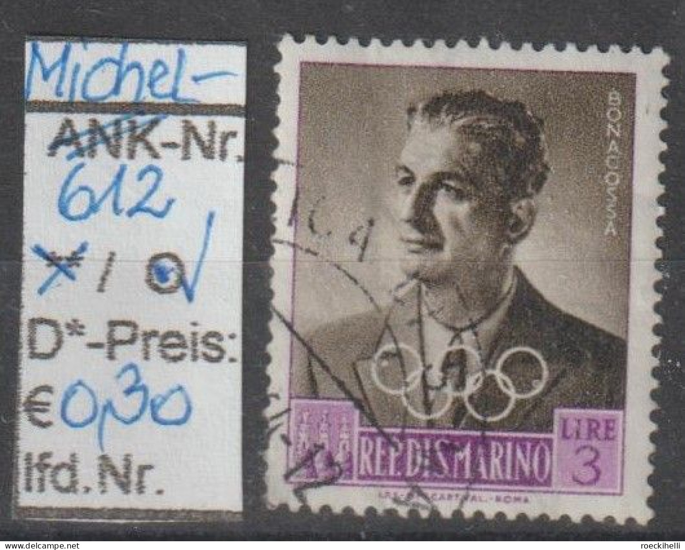 1959 - SAN MARINO - SM "Funktionäre D. IOC-A.Bonacossa" 3 L Bläul.violett/braun - O Gestempelt  - S.Scan (612o S.marino) - Used Stamps