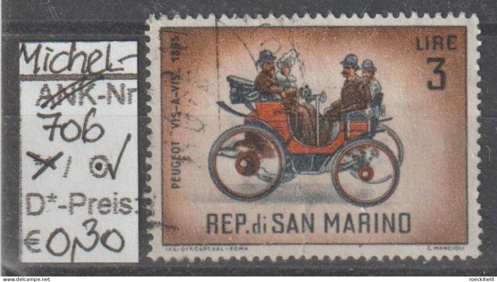 1962 - SAN MARINO - SM "Alte Automobile - Peugeot" 3 L Mehrf. - O Gestempelt  - S.Scan (706o S.marino) - Usados