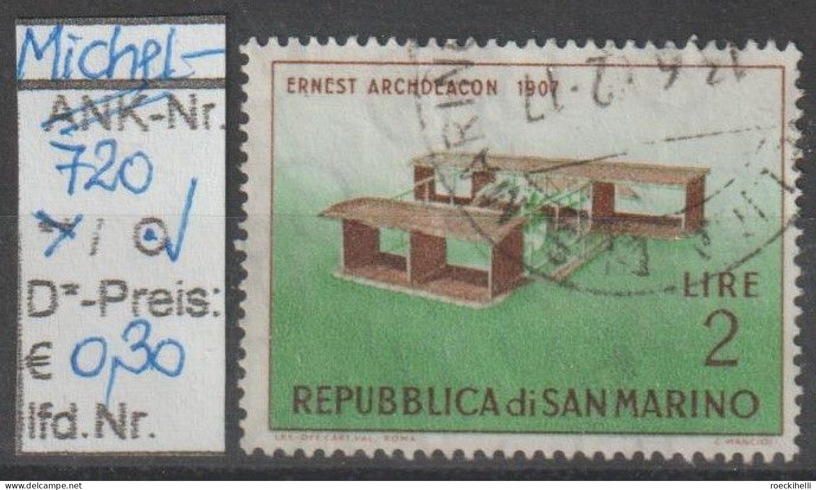 1962 - SAN MARINO - SM "Alte Flugzeuge - E. Archdeacon" 2 L Braun/smaragdgrün - O Gestempelt  - S.Scan (720o S.marino) - Usati