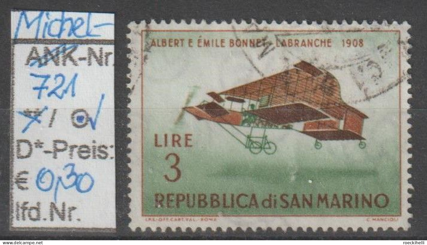 1962 - SAN MARINO - SM "Alte Flugzeuge - A+E. Bonnet..." 3 L Hellbraun/dkl'grün - O Gestempelt  - S.Scan (721o S.marino) - Usados
