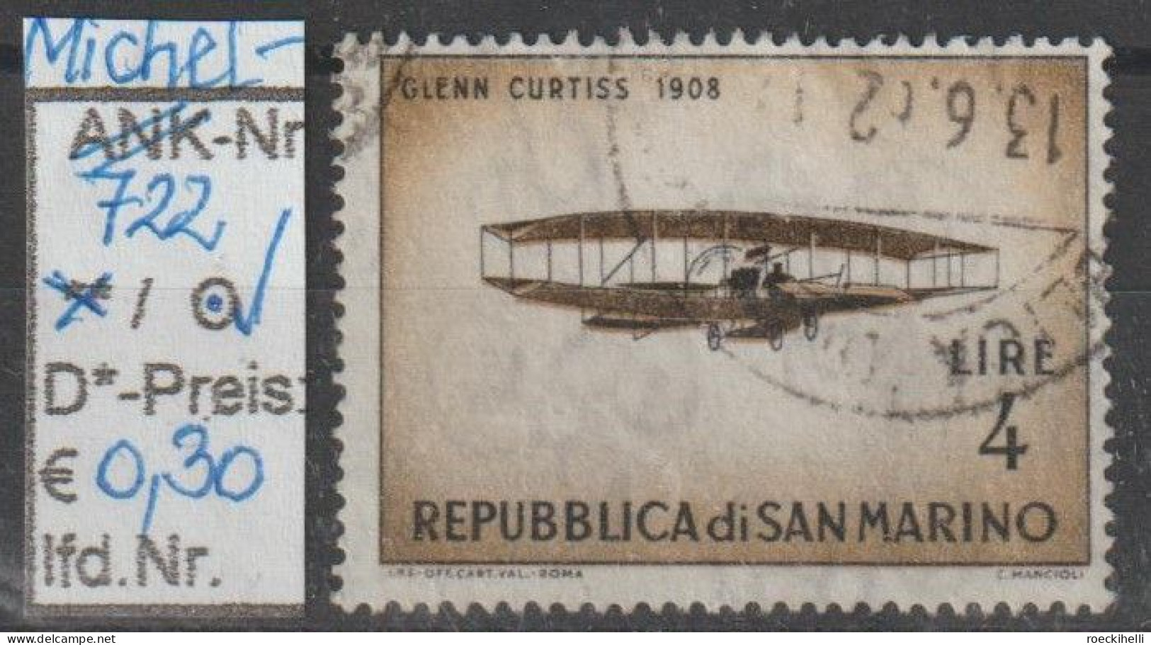 1962 - SAN MARINO - SM "Alte Flugzeuge - G. Curtiss" 4 L Fahlbraun/schwarz - O Gestempelt  - S.Scan (722o S.marino) - Gebraucht