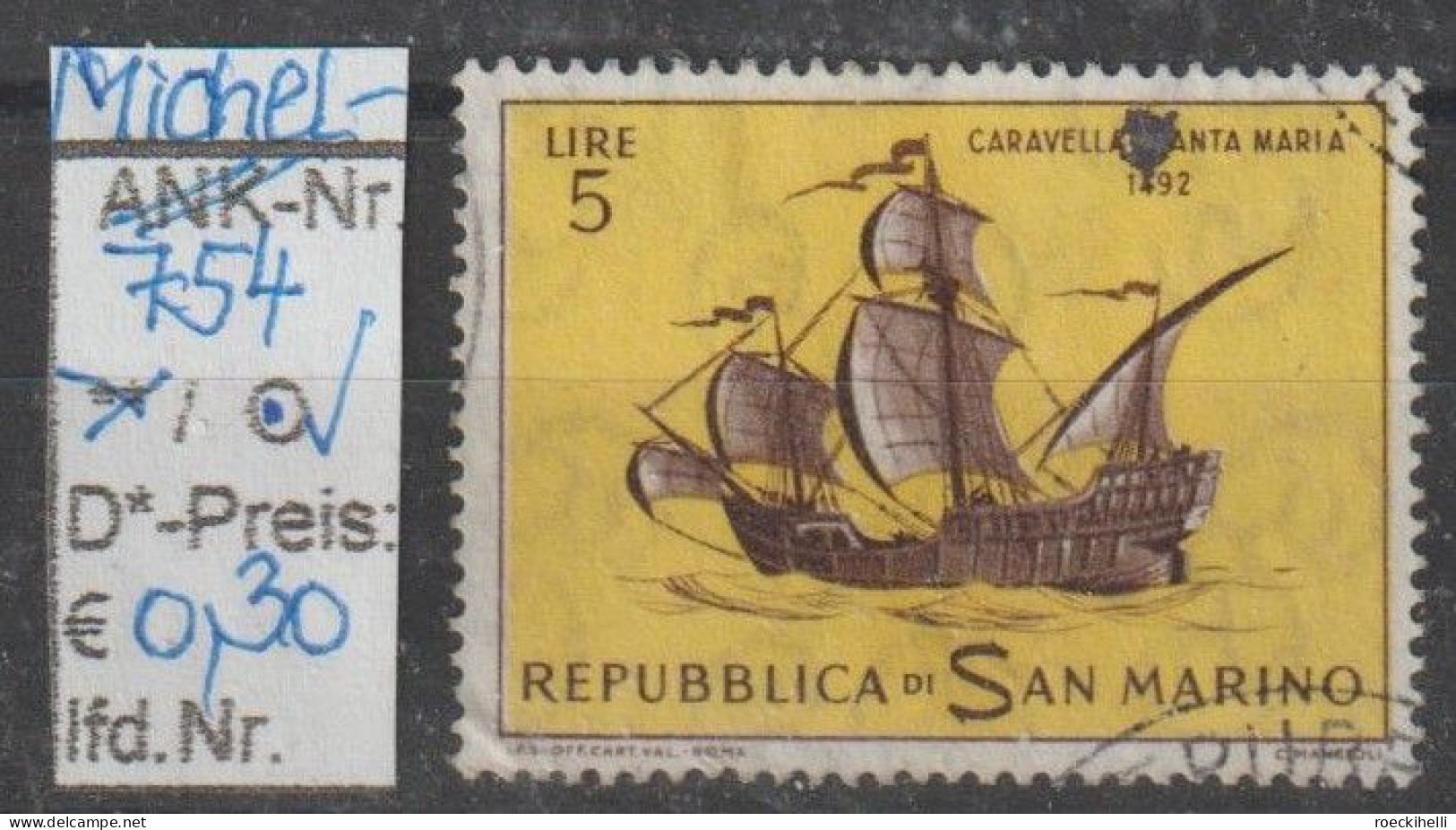 1963 - SAN MARINO - SM "Alte Segelschiffe - Caravelle" 5 L Dkl'braun/gelb - O  Gestempelt  - S.Scan (754o S.marino) - Used Stamps