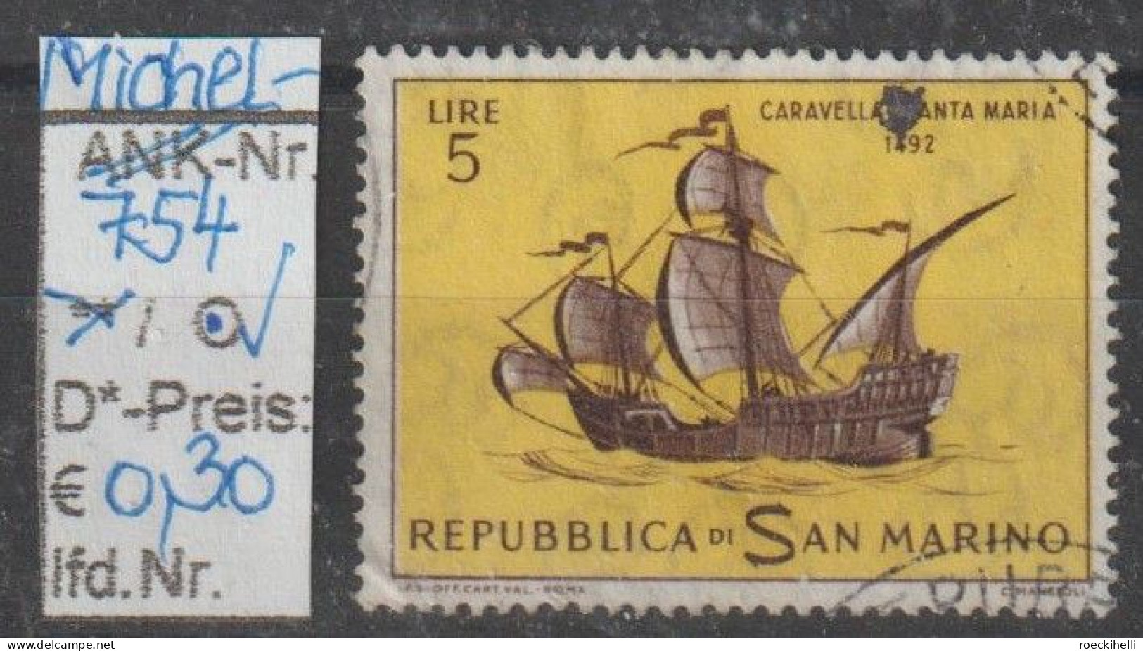 1963 - SAN MARINO - SM "Alte Segelschiffe - Caravelle" 5 L Dkl'braun/gelb - O  Gestempelt  - S.Scan (754o S.marino) - Gebraucht