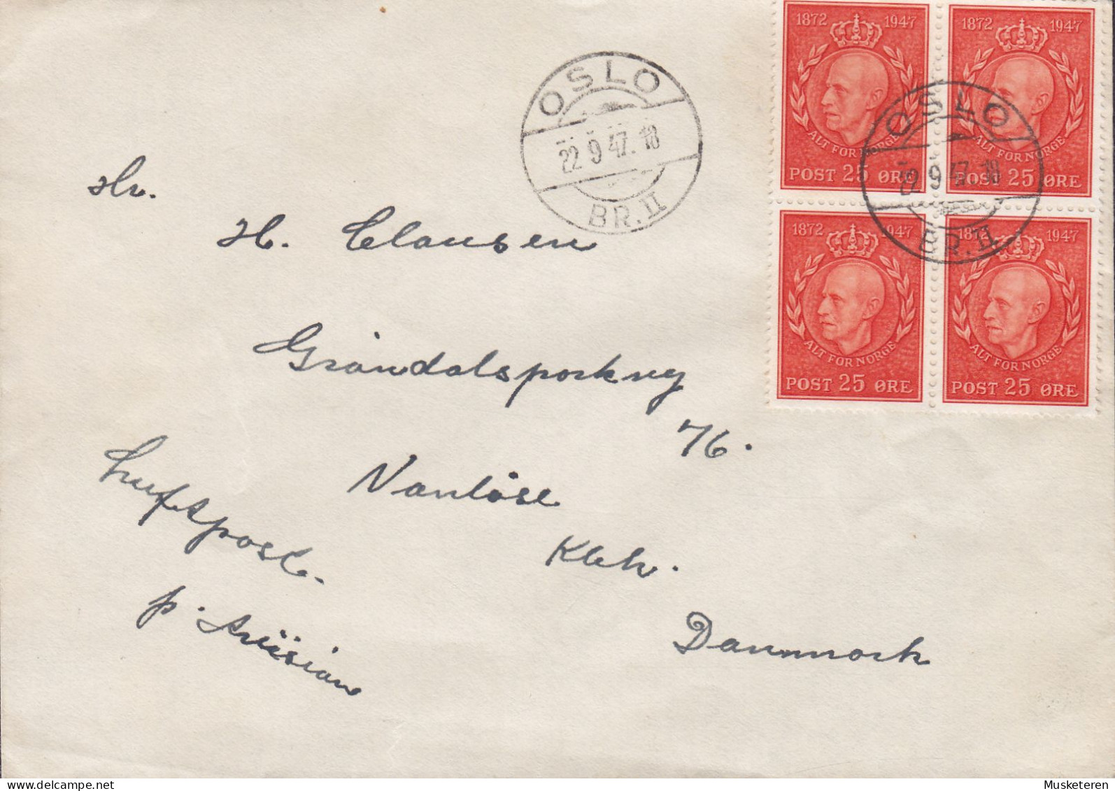 Norway Luftpost OSLO BR. II. 22.9.1947 Cover Brief Lettre VANLØSE Denmark 4-Block Haakon VII. 75th Birthday - Lettres & Documents