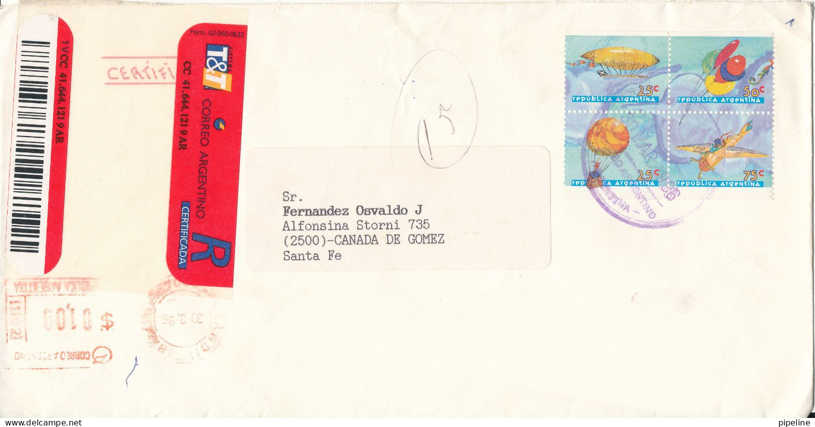 Argentina Registered Domestic Cover Sent 30-3-1996 - Brieven En Documenten